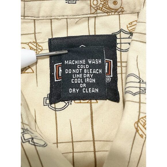 Harley Davidson Tori Richard Printed Engine Button Up Top Aloha Wear Tan Small - Picture 8 of 12